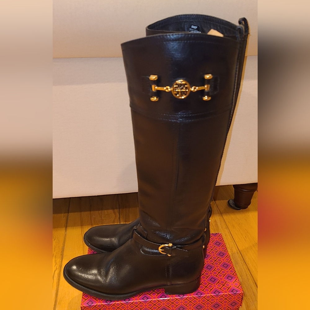 Tory Burch Designer Nadine Black Leather Tall Riding Boots 8 - Picture 5 of 10
